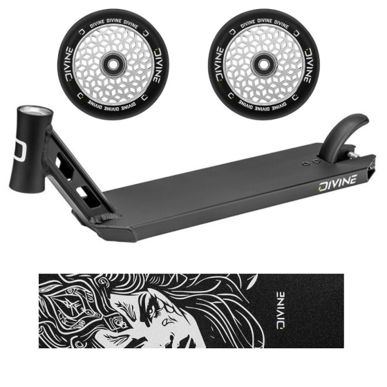 Set Divine Park Deck schwarz + 2x Divine 110 mm Light Rollen silber + Divine Nyx Griptape