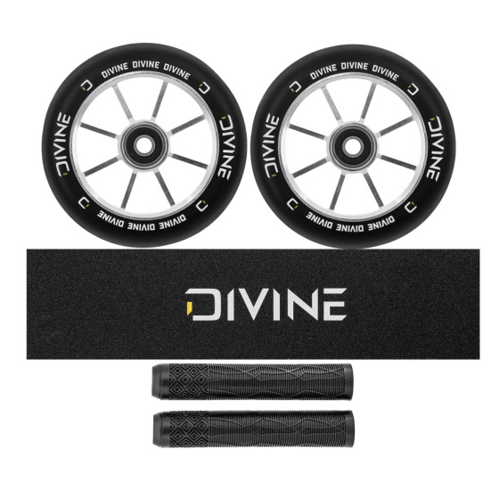 Set 2 Stück Divine 120 mm Spoked Rollen Silber + Divine Griptape + Divine Griffe