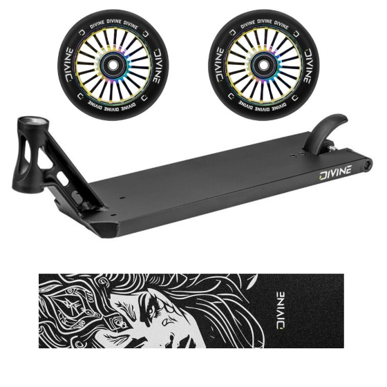 Set Deck Divine Forget Street 6" 560 mm schwarz + 2 Stück Rollen Divine 110 mm Turbo Neochrome + Divine Nyx Griptape