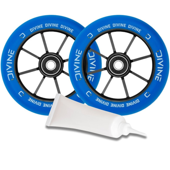 Set 2 Stück Divine 110 mm Spoked Räder blau + Divine Öl für Lager