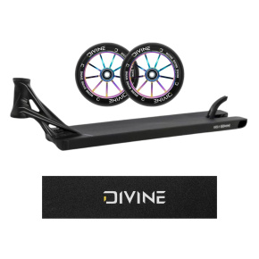 Set Deck Ethic Lindworm V4 580 mm schwarz + 2 Stück Divine Rollen 110 mm Spoked Neochrome + Divine Logo Griptape