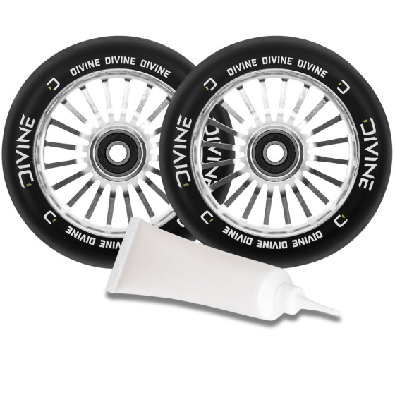 Set 2 Stück Divine 110 mm Turbo Silber Rollen + Divine Öl für Lager