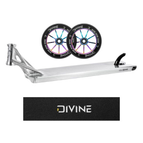 Set Deck Ethic Lindworm V4 600 mm RAW + 2 Stück Divine Rollen 110 mm Spoked Neochrome + Divine Logo Griptape