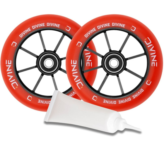 Set 2 Stück Divine 110 mm Spoked Räder rot + Divine Öl für Lager