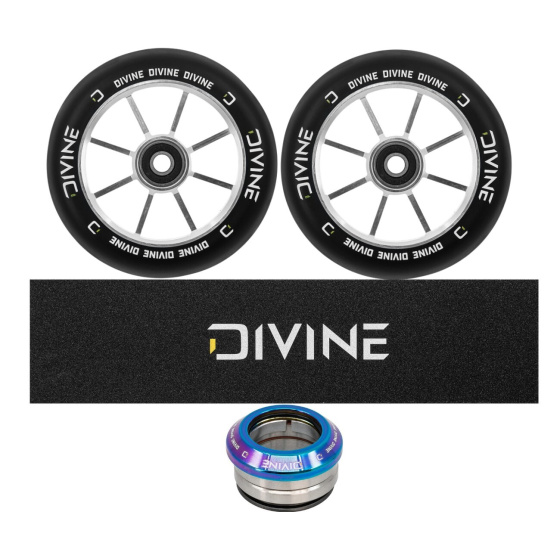 Set 2 Stück Divine 120 mm Spoked Rollen silber + Divine Griptape + Divine Headset