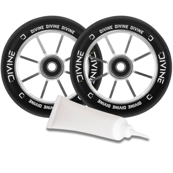 Set 2 Stück Divine 120 mm Spoked Räder silber + Divine Öl für Lager